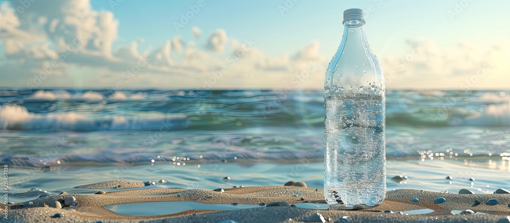 Poster glass bottle filled with water on wet sand by the sea space for text. copy space image. place for ad