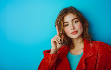 Fototapeta premium A beautiful woman in a red jacket, with one finger raised, poses against a serene blue backdrop.