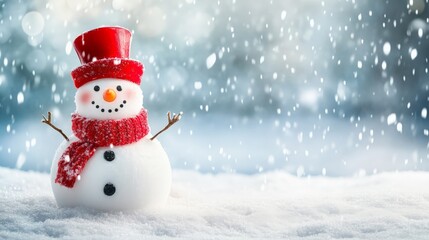 Fototapeta premium A delightful snowman with a bright red hat and matching scarf, standing cheerfully amidst falling snow in a cityscape. The snowman has a friendly smile and twig arms.