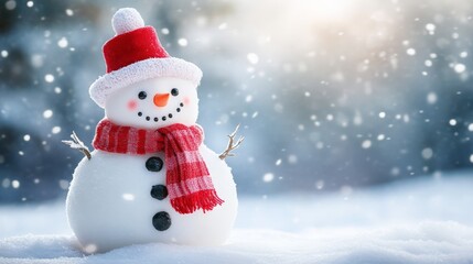 Fototapeta premium A charming snowman with a red striped scarf and a cozy hat, standing in the snow. The city background is peppered with falling snowflakes, enhancing the festive spirit.