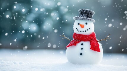 A snowman with a top hat and red scarf with twig arms, standing in a snowy wonderland as gentle snowflakes fall. The background captures the serene essence of winter.