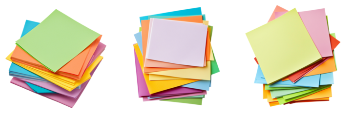 A stack of colorful sticky notes fanned out showcasing a variety of bright hues and slightly uneven edges isolated on white and transparent background