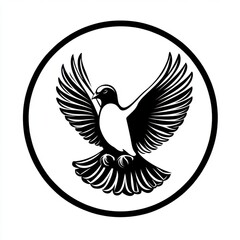Obraz premium Black and white flat vector art illustration of a dove in a circular stamp logo style, svg design, isolated on white background, simple vector art design