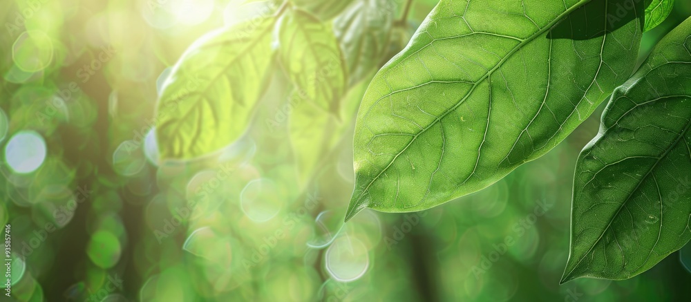 Poster close up view of a green leaf against a blurred green backdrop. copy space image. place for adding t
