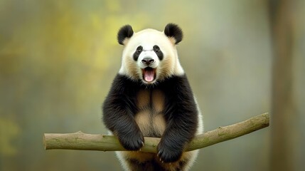 Obraz premium Adorable Panda Bear Sitting on a Branch with a Big Smile - A playful panda bear sits on a branch, showcasing its adorable smile and black and white fur. The image evokes happiness, joy, and the beauty