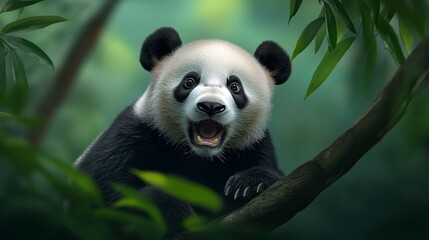 Obraz premium Adorable Panda Bear Cub Smiling in the Jungle - A cute panda bear cub sits on a branch in a lush jungle, smiling with its mouth open, symbolizing joy, innocence, nature, wildlife, and conservation.