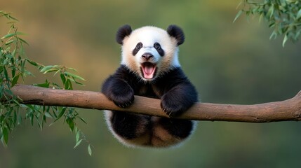 Obraz premium Adorable Panda Cub Hanging on a Branch with a Big Smile - A playful panda cub hangs onto a tree branch, showcasing its adorable smile and playful nature. The image captures the animal's innocence, joy