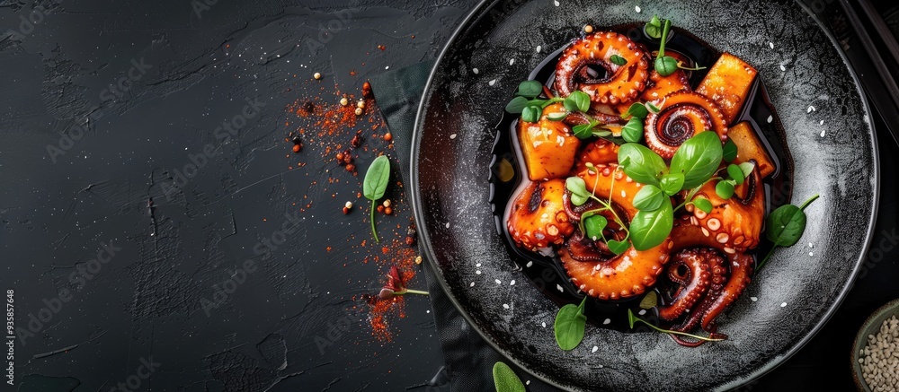 Poster japanese cuisine nagaimo yam sauteed with octopus. copy space image. place for adding text and desig