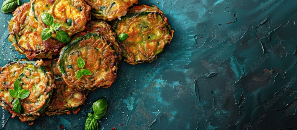 Poster summer zucchini fritters. copy space image. place for adding text and design