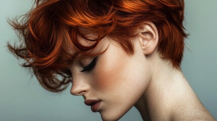 Naklejka premium A woman with vibrant red hair highlights her features in a graceful side profile, captured in soft, natural lighting.