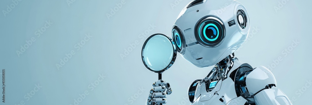 Poster ai robot with magnifying glass - exploring the future of technology - a futuristic robot holds a mag