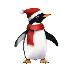Fototapeta premium A Charming Penguin in a Christmas Hat and Scarf, Spreading Cheer and Seasonal Joy in a Delightful Illustration