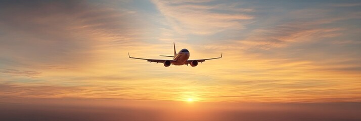 Obraz premium Airplane Flying into Sunset, Freedom, Travel, and Adventure - An airplane flies into a colorful sunset, symbolizing travel, freedom, adventure, and new beginnings. The sun creates a warm and inviting 