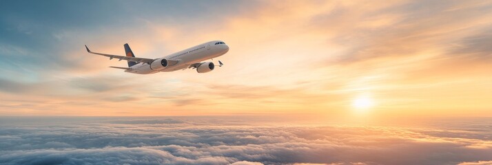 Airplane Flying Above Clouds at Sunset - A commercial airplane soars through the sky above a blanket of clouds, bathed in the warm glow of a setting sun, symbolizing travel, freedom, adventure, hope a