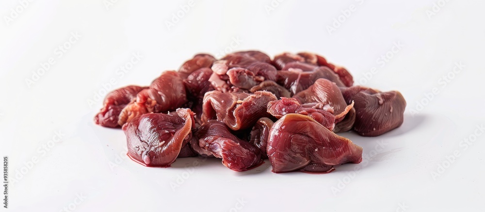 Poster raw chicken gizzards against a white background. copy space image. place for adding text and design