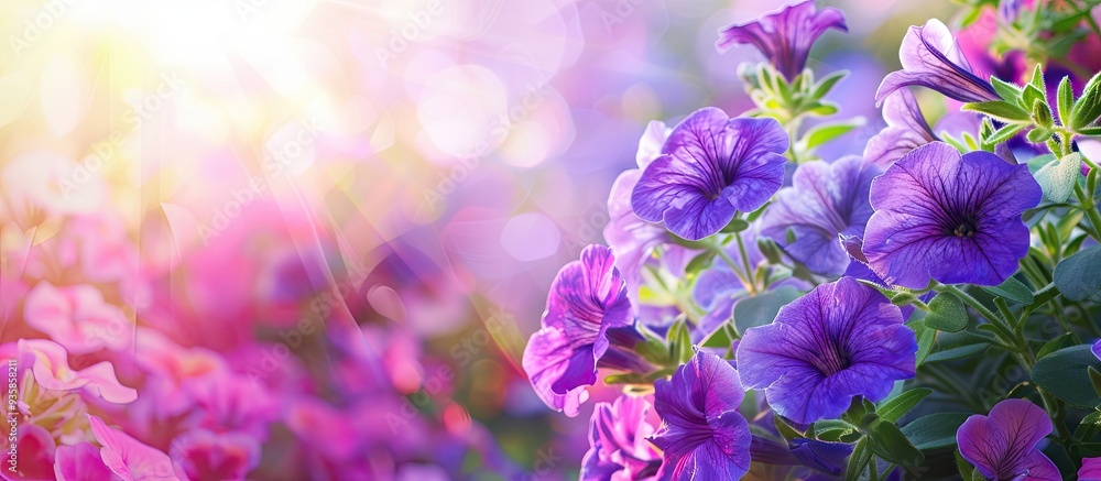 Poster petunia flowers in the flower bed enhancing the urban landscape background with selective focus. cop