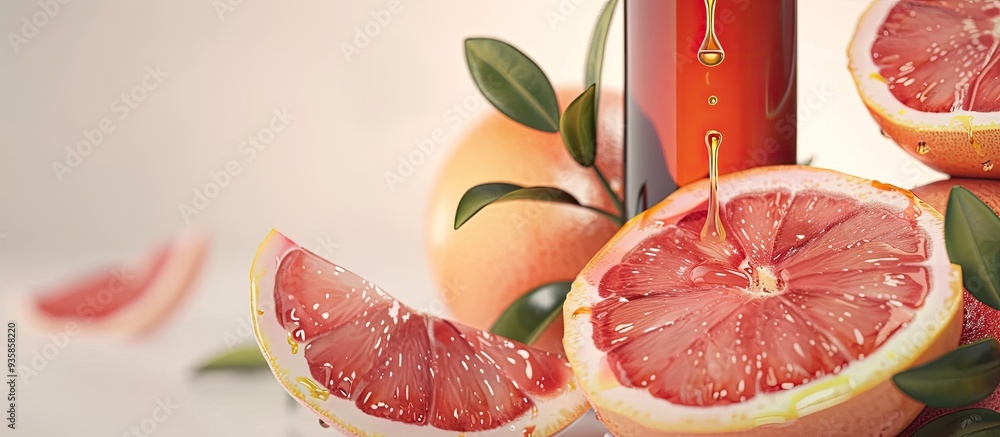 Poster essential oil dripping from grapefruit into a bottle on a light background close up. copy space imag