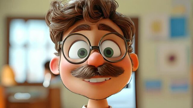 Animated character teacher with glasses and mustache smiles in a cozy classroom setting