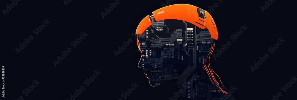Poster artificial intelligence concept - futuristic humanoid with circuitry brain - this image portrays a f