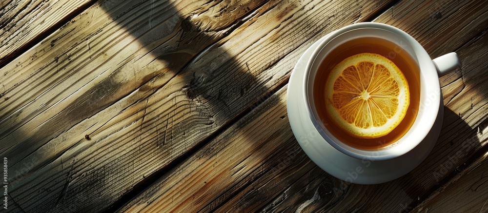 Aufkleber tea cup with lemon on a wooden table viewed from above. copy space image. place for adding text and 