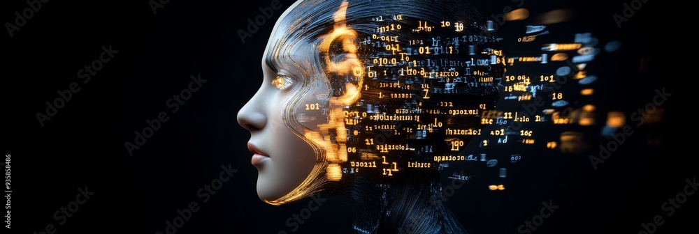 Poster artificial intelligence: the future of technology - a woman's face is illuminated with binary code, 