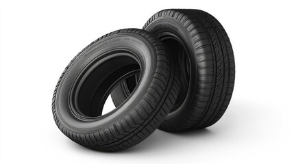 Two new black tires standing upright on white background