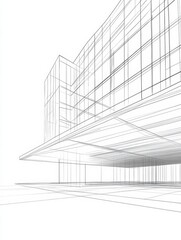 Architectural Wireframe Building Design - A wireframe illustration of a modern building, showcasing the structure and design elements.  It symbolizes innovation, urban development, and construction.