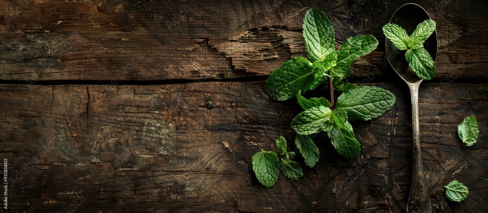Poster peppermint leaves in a spoon on a rustic wooden background. copy space image. place for adding text 
