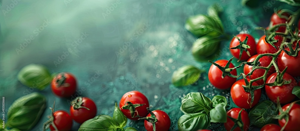 Poster fresh cherry tomatoes and basil on a green backdrop. copy space image. place for adding text and des