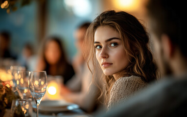 A beautiful woman sits at the head of an elegant dinner table, her friends in the background, and her gaze fixed directly on the camera.