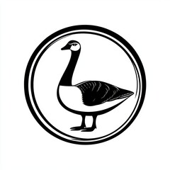 Black and white flat vector art illustration of a goose in a circular stamp logo style, svg design, isolated on white background, simple vector art design