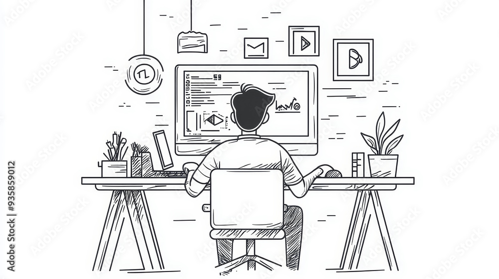 Poster back view of a man working on a computer at his desk - a man sits at a desk in front of a computer, 