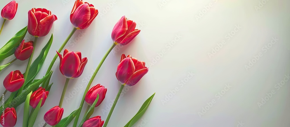 Poster vivid red tulips on a white background. copy space image. place for adding text and design