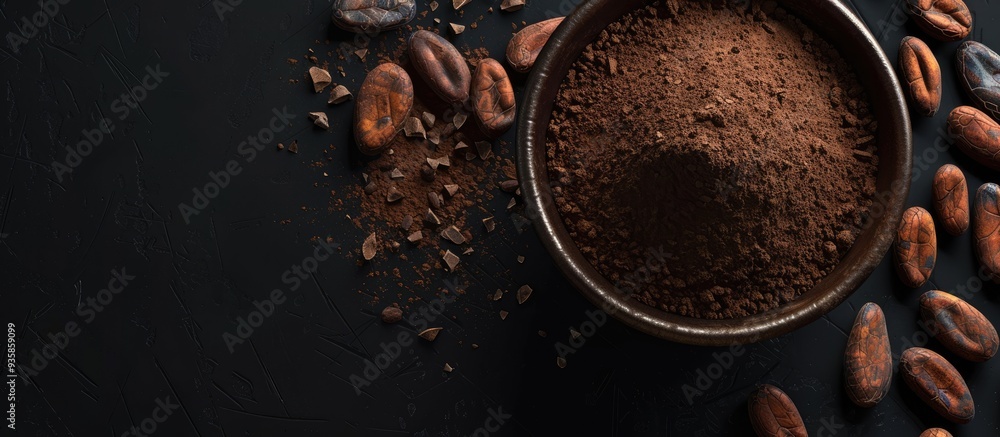 Canvas Prints Chocolate and cacao theme Cocoa powder in a bowl next to cocoa beans and shattered chocolate on a black background. Copy space image. Place for adding text and design