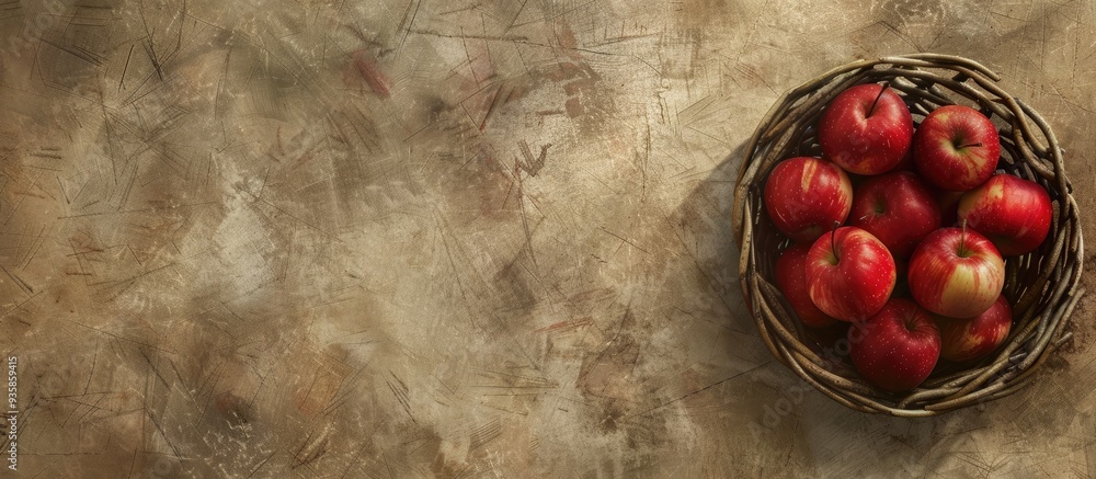 Poster textured vintage paper backdrop featuring red apples in a small birch bark basket. copy space image.