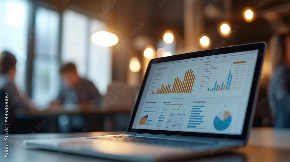 Leinwandbilder a laptop featuring detailed analytics and bar charts is placed in an office setting with people work