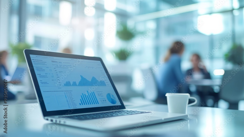 Fototapete a laptop screen displaying blue-themed graphs sits on a desk in an open office environment where ind
