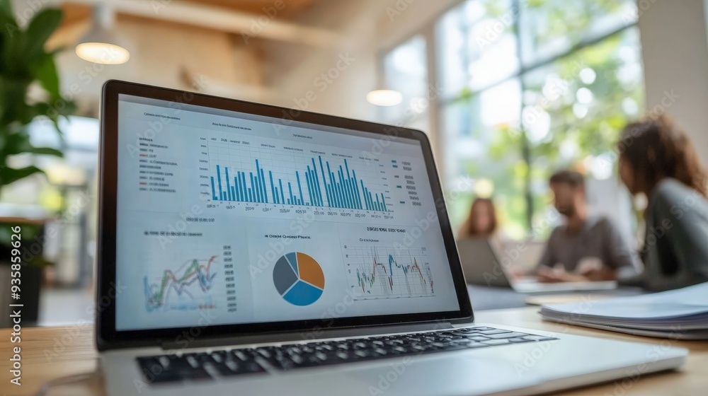 Poster a laptop showing various colorful graphs and charts sits on a table, while a team collaborates in th