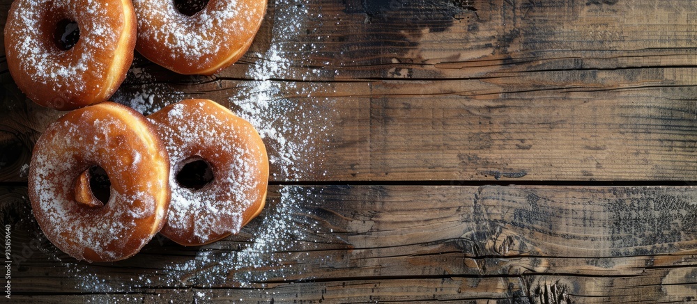 Poster homemade donuts lush and sweet dusted with powdered sugar on a wooden surface. copy space image. pla