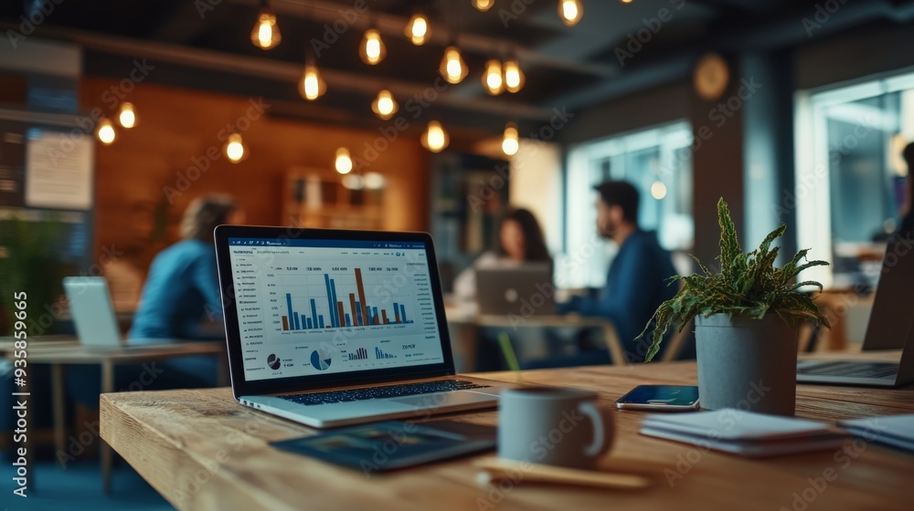 Leinwandbilder a laptop with graphs and pie charts is on a wooden table adorned with a plant in a cozy workspace wh