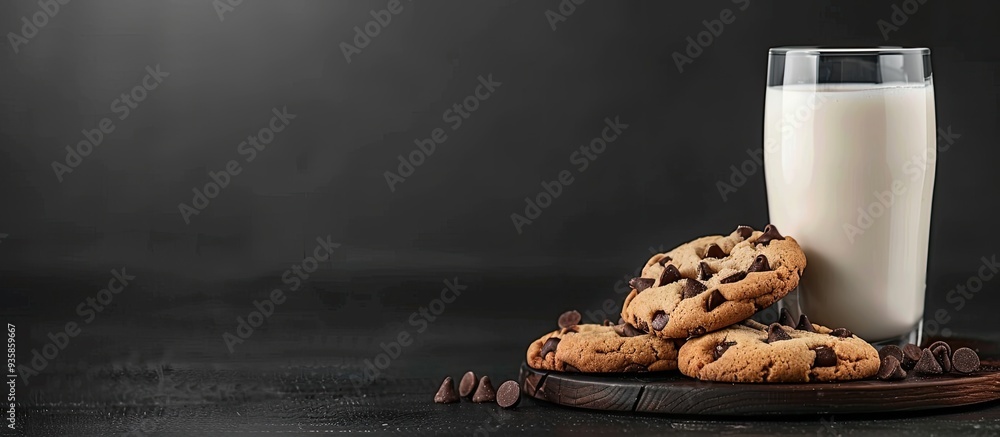 Poster chocolate chip cookies paired with milk. copy space image. place for adding text and design