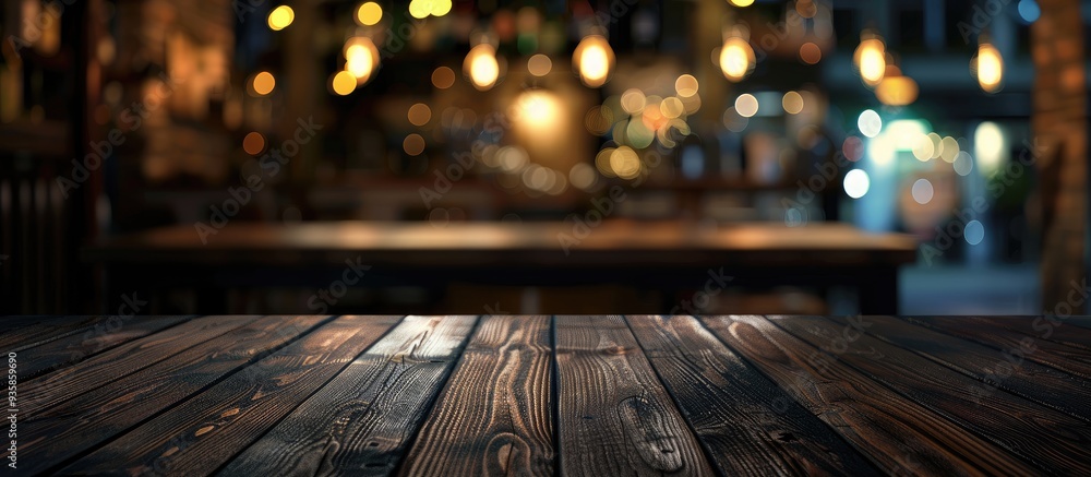 Poster empty dark wooden table set against an abstract blurred bokeh background of a restaurant this can be