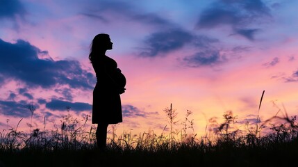 The ethereal silhouette of a pregnant woman in a pastoral landscape
