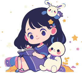Adorable Girl Reading with Bunny