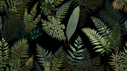 minimalist flat vector background that showcases a variety of botanical elements like ferns, palm leaves, and succulents