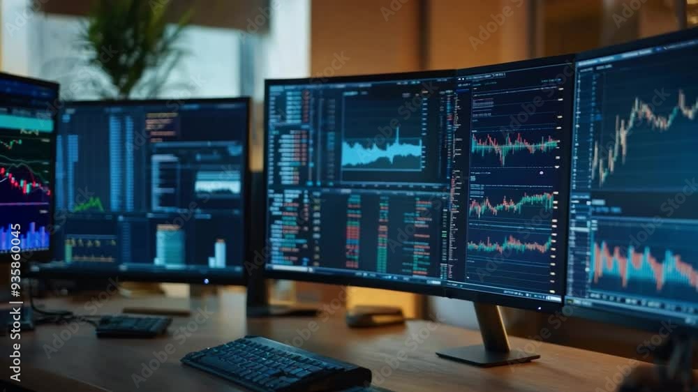 Poster multiple digital screens display analytics and trading data in a contemporary office environment wit
