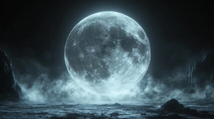 Fototapeta premium Gothic Moon Illuminating Eerie Landscape, Dark and Mysterious Night Sky with Full Moon Shining Over a Mystical, Foggy, and Spooky Scene, Perfect for Halloween, Horror, or Fantasy Art