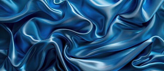 Fototapeta premium Blue silk fabric is arranged in waves for a background or texture Copy Space