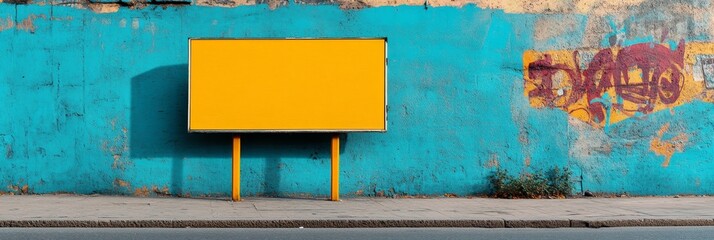 Blank Billboard on a Vibrant Blue Wall - A yellow billboard stands against a blue wall, its blank surface ready for advertising. A splash of red graffiti adds a touch of urban life. The contrasting co