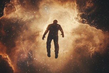 Obraz premium A human silhouette drifts against the background of a luminous cosmic nebula, representing exploration, mystery, and the vastness of space with artistic brilliance.